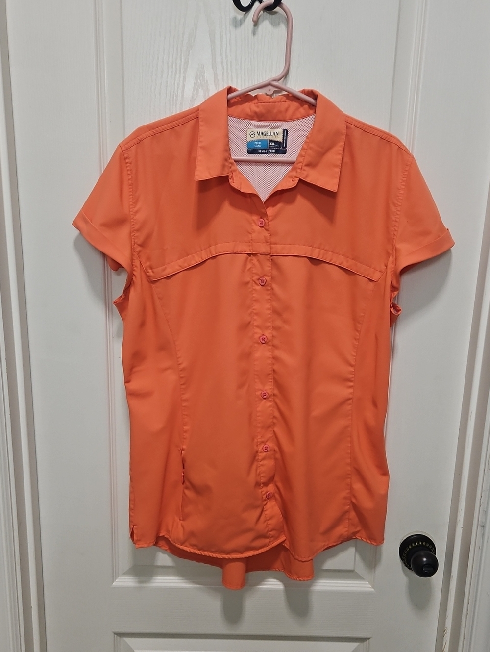 Magellan Outdoors Women's Bright Orange Short Sleeve Button-Up Shirt